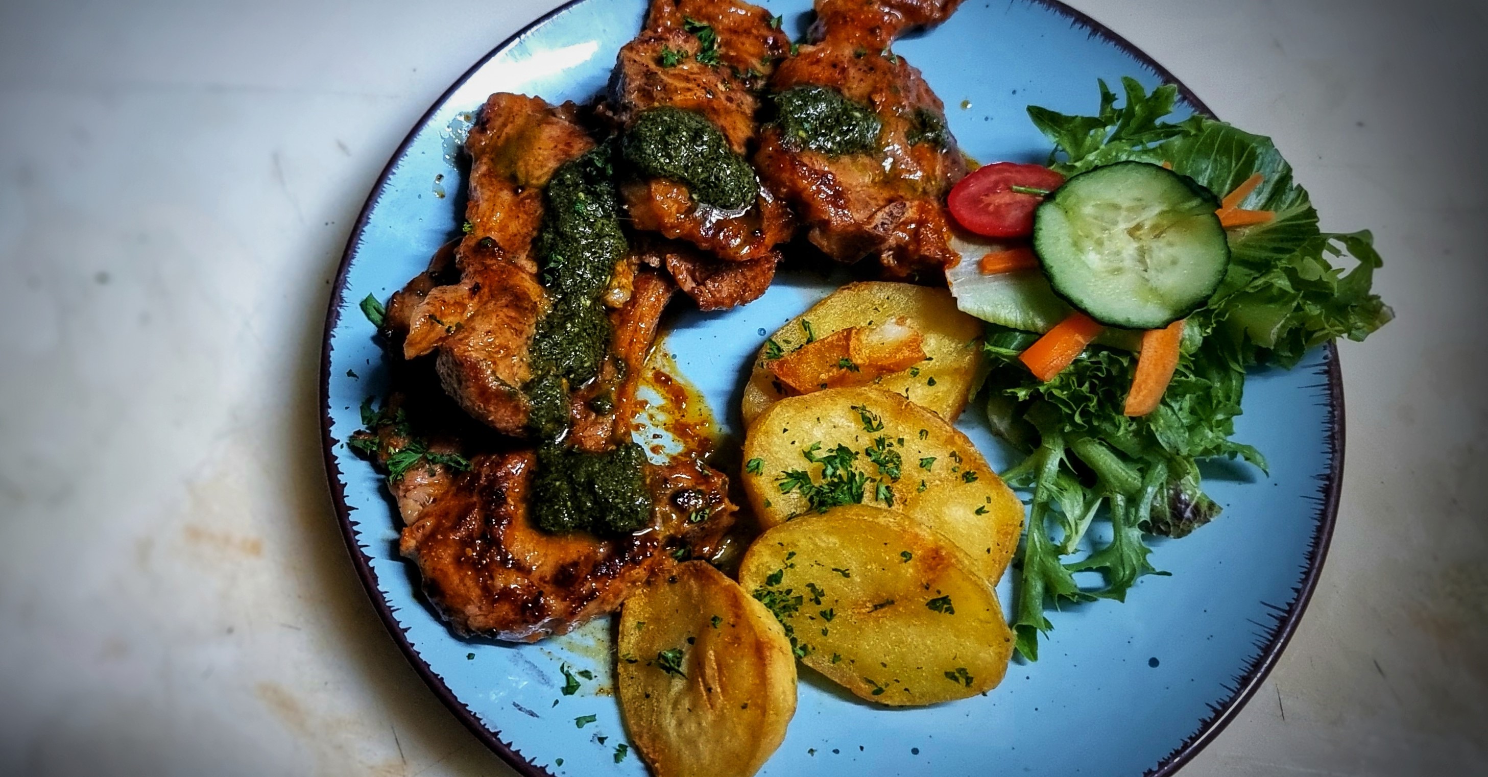 Tandoori, Lamb Cutlets with Pesto and grilled potatoes